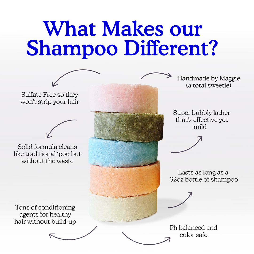Image with a stack of shampoo bars listing all of the different benefits including: sulfate-free, ph balanced, long lasting, color safe, mild yet bubbly shampoo agents