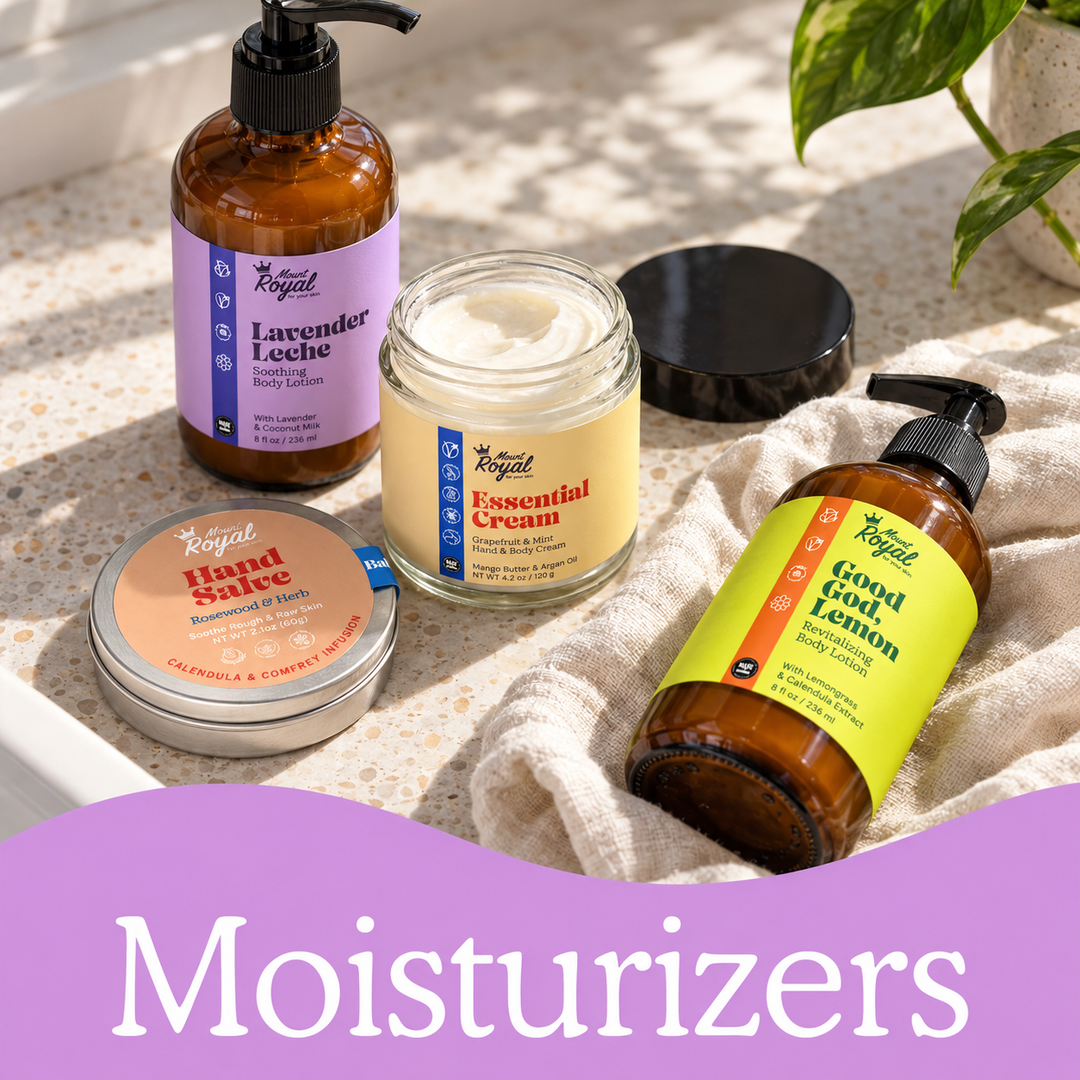 Mount Royal body lotions, Essential Cream, and Hand Salve in current packaging.