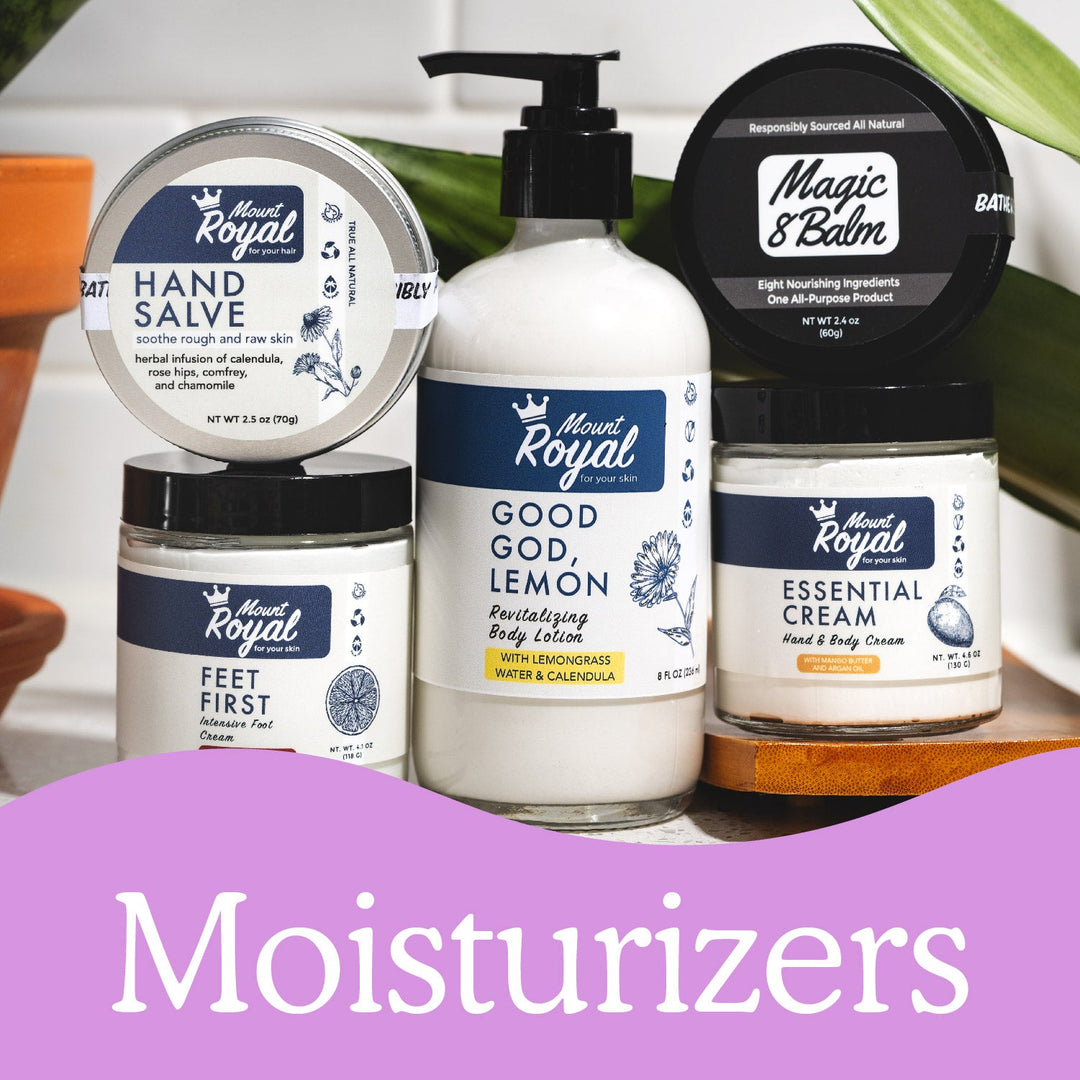 Mount Royal lotions, creams, and balms with a purple Moisturizers banner.