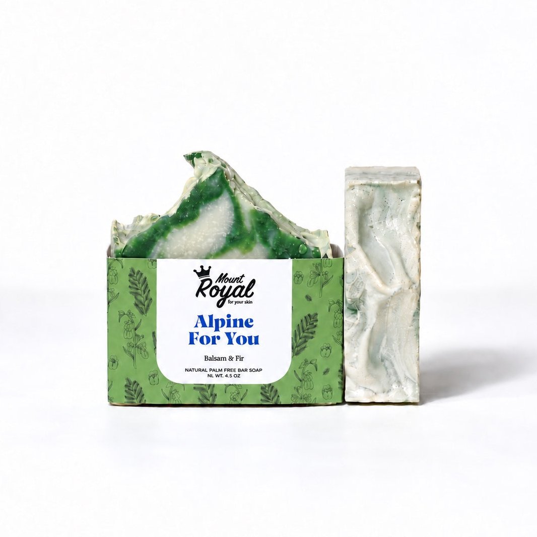 Mount Royal Alpine For You balsam and fir bar soap with green botanical packaging on a white background