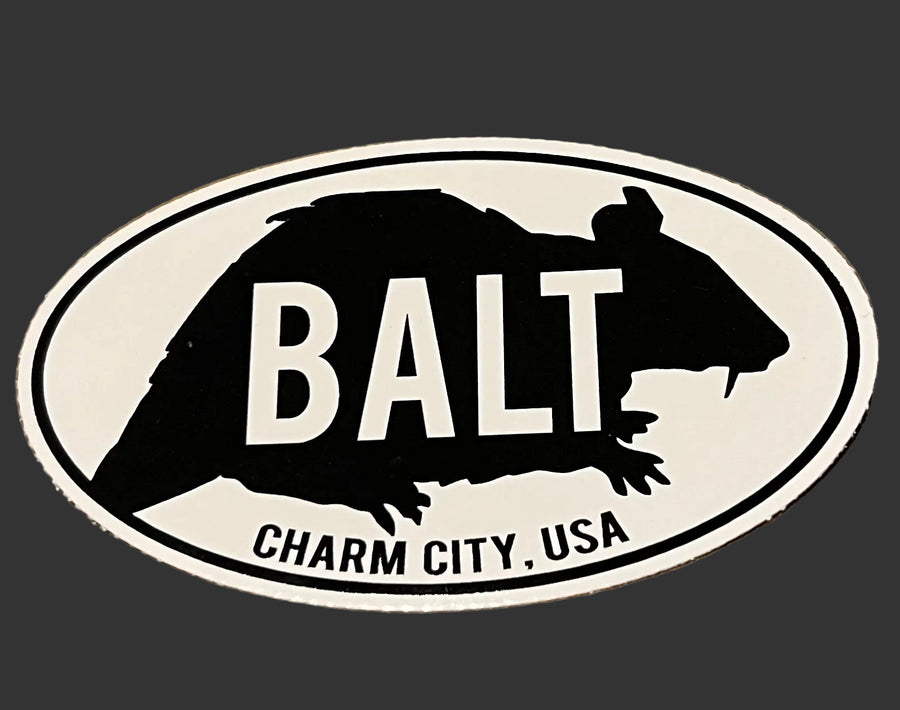 A black and white vinyl sticker with silhouette illustration of a rat and black text 'BALT Charm City, USA'.