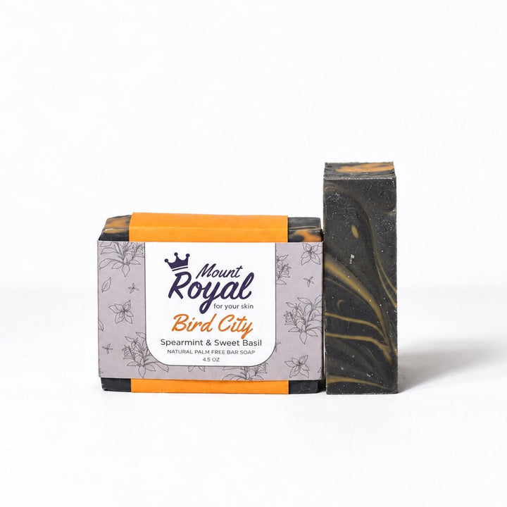 Mount Royal Bird City spearmint and sweet basil bar soap with botanical packaging on a white background