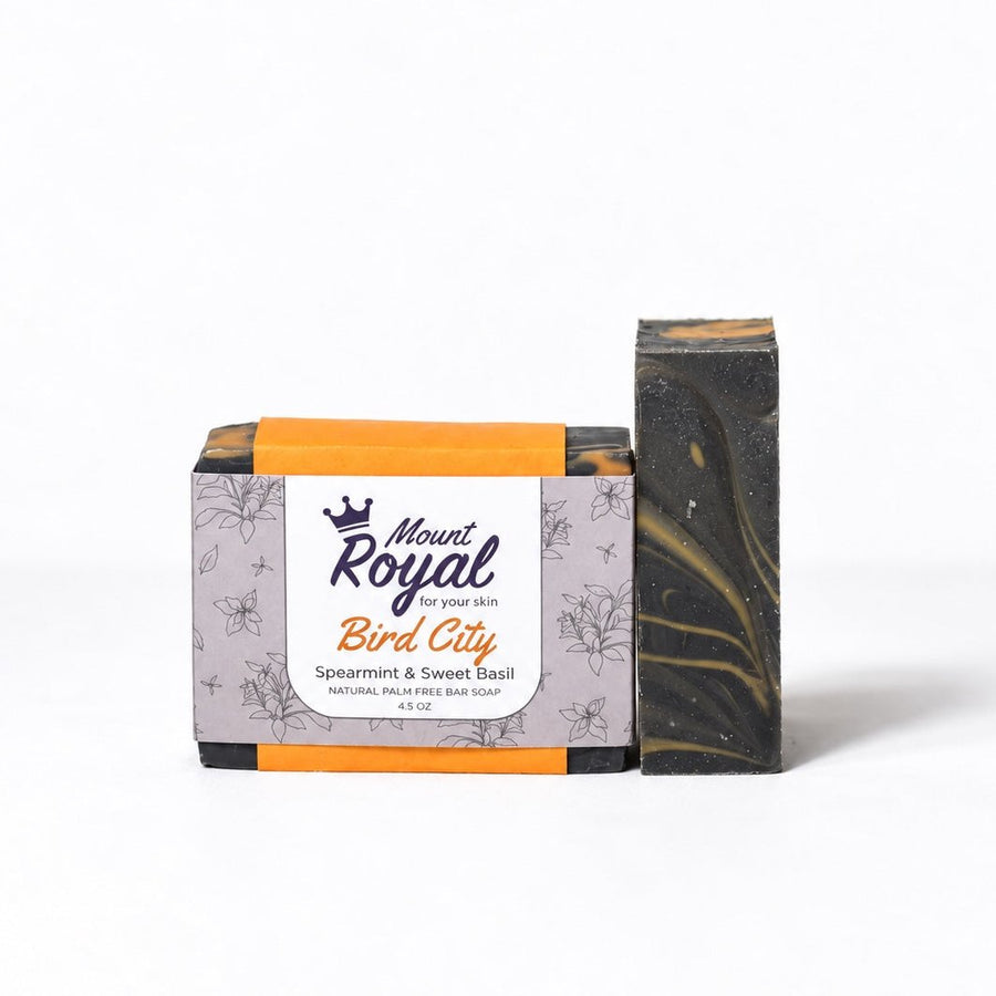 Mount Royal Bird City spearmint and sweet basil bar soap with botanical packaging on a white background