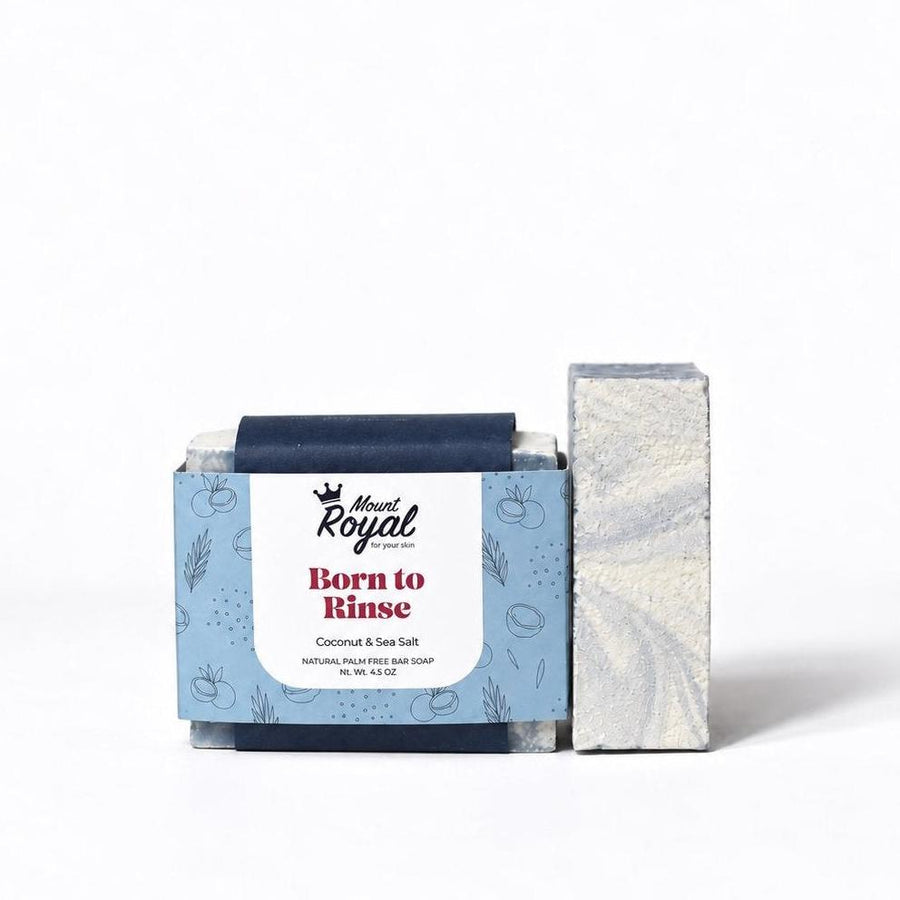 Mount Royal Born to Rinse coconut and sea salt bar soap with light blue packaging on a white background