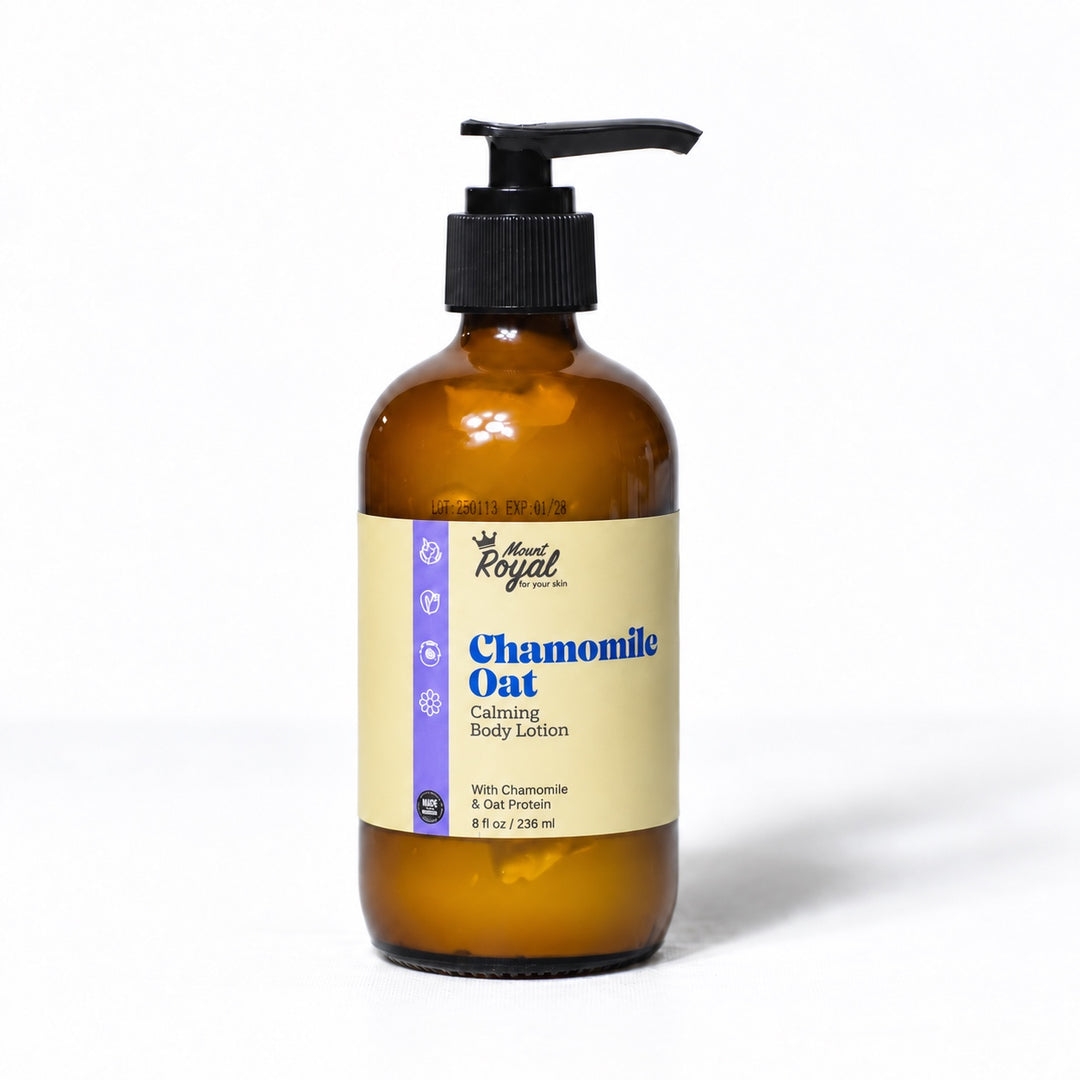 Mount Royal Chamomile Oat body lotion in an amber glass pump bottle on a white background