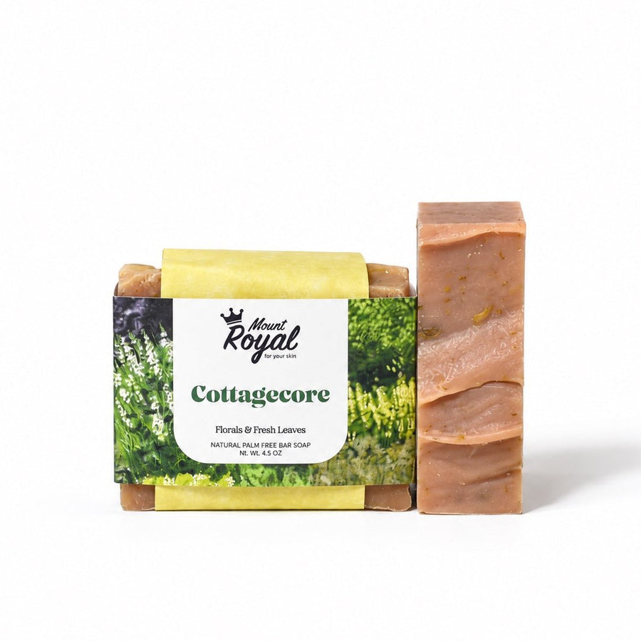 Mount Royal Cottagecore florals and fresh leaves bar soap with green garden packaging on a white background