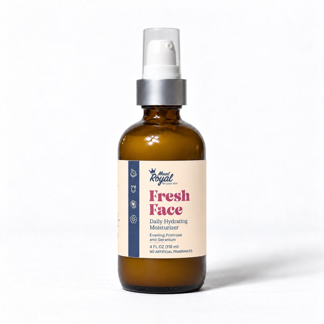 Fresh Face Daily Hydrating Moisturizer in an amber pump bottle with a pale peach label on a white background