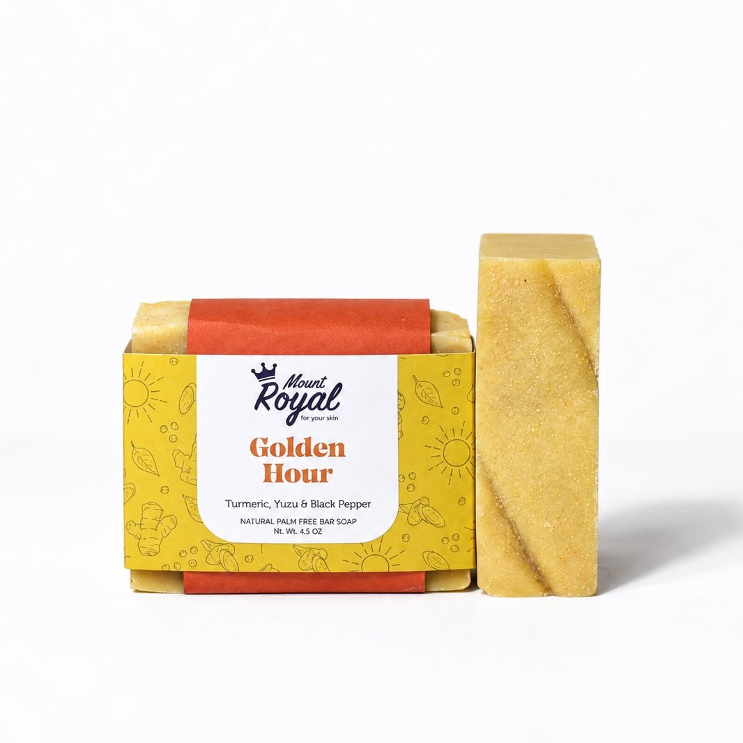 Mount Royal Golden Hour turmeric, yuzu and black pepper bar soap with yellow packaging on a white background