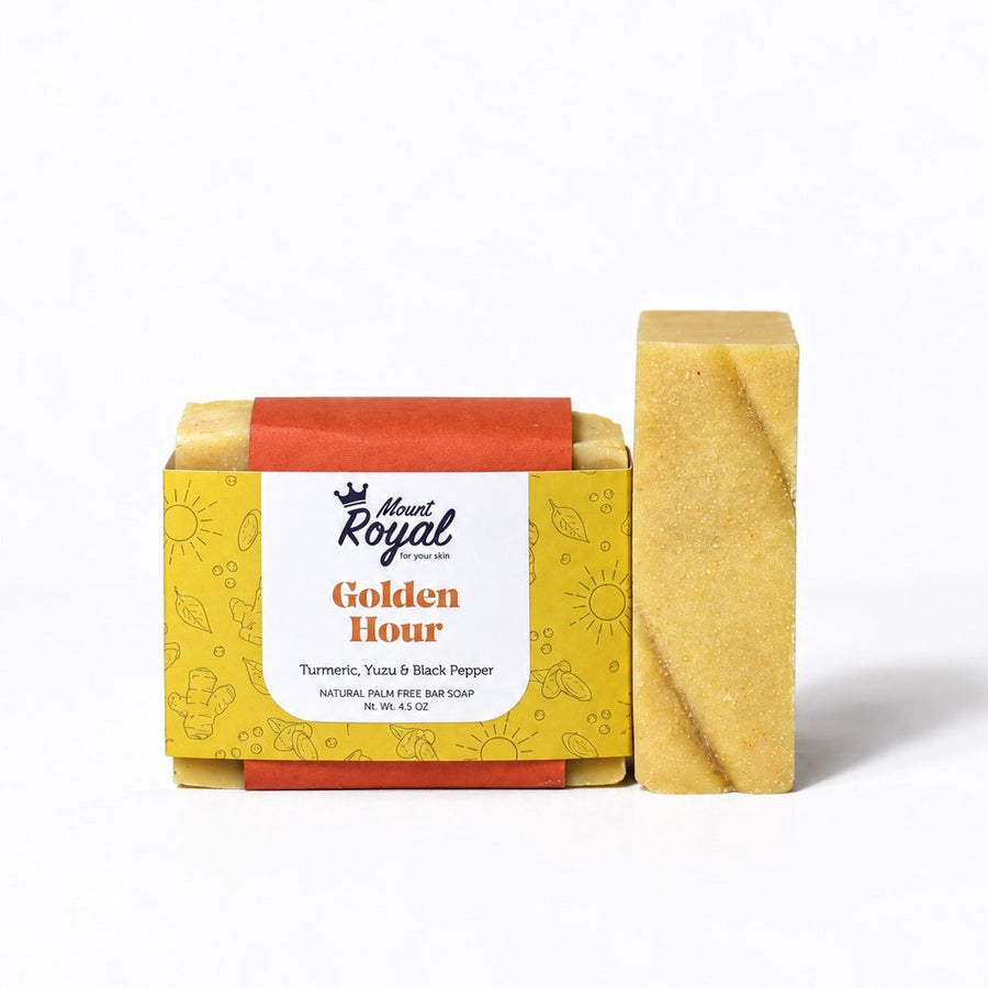 Mount Royal Golden Hour turmeric, yuzu and black pepper bar soap with yellow packaging on a white background