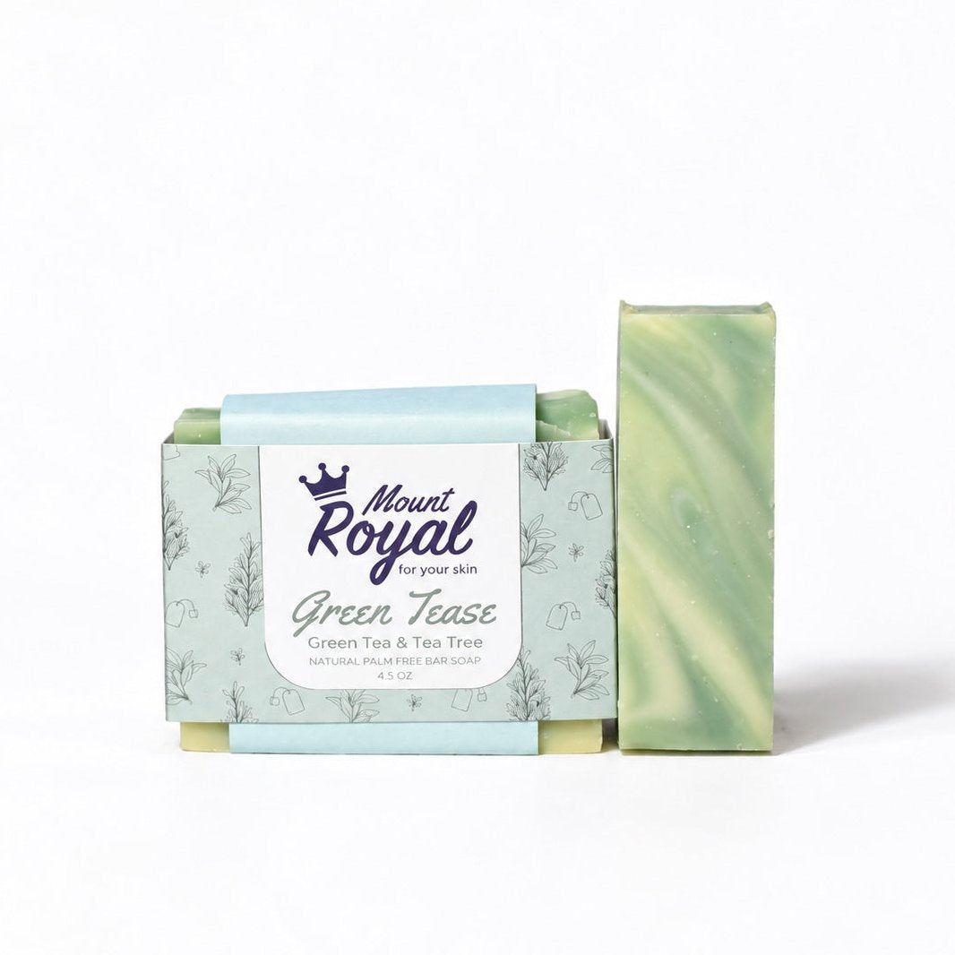 Mount Royal Green Tease green tea and tea tree bar soap with pale mint botanical packaging on a white background