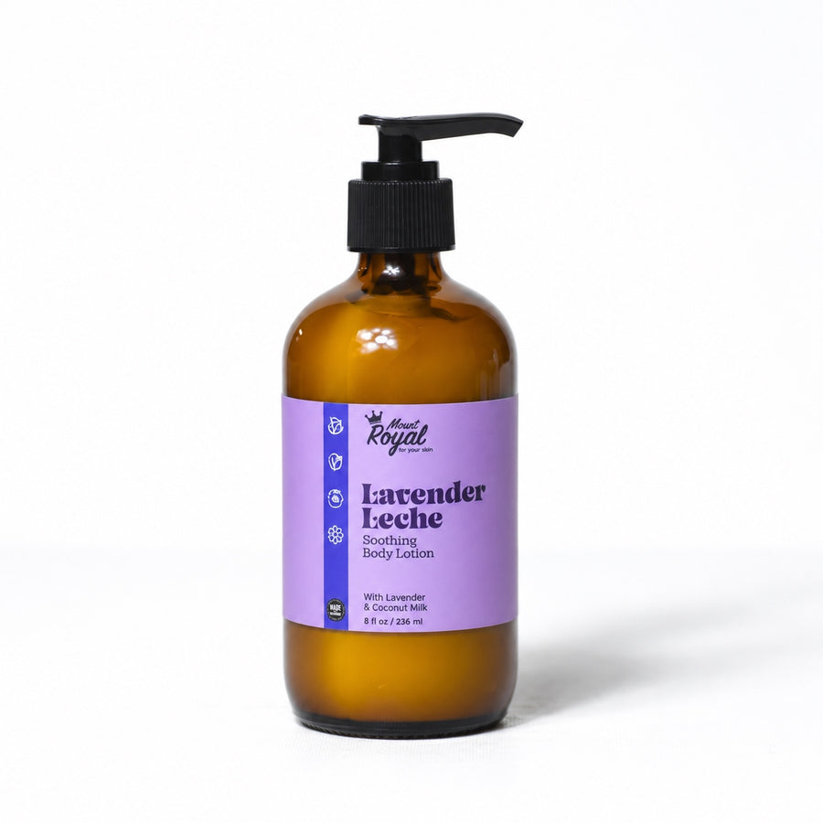 Mount Royal Lavender Leche body lotion in an amber glass pump bottle on a white background