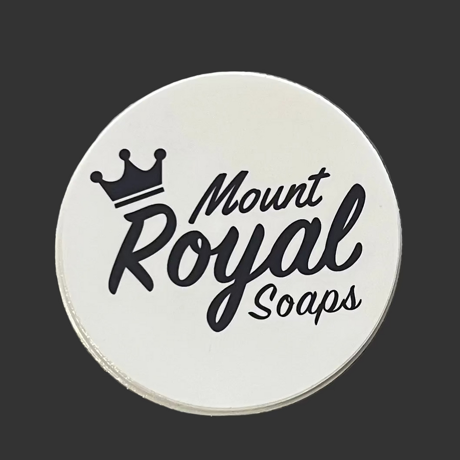 Round white sticker with 'Mount Royal Soaps' logo in black text.