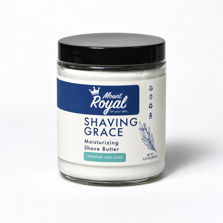 Shaving Grace Lavender and Sage Moisturizing Shave Butter in a glass jar on a white background