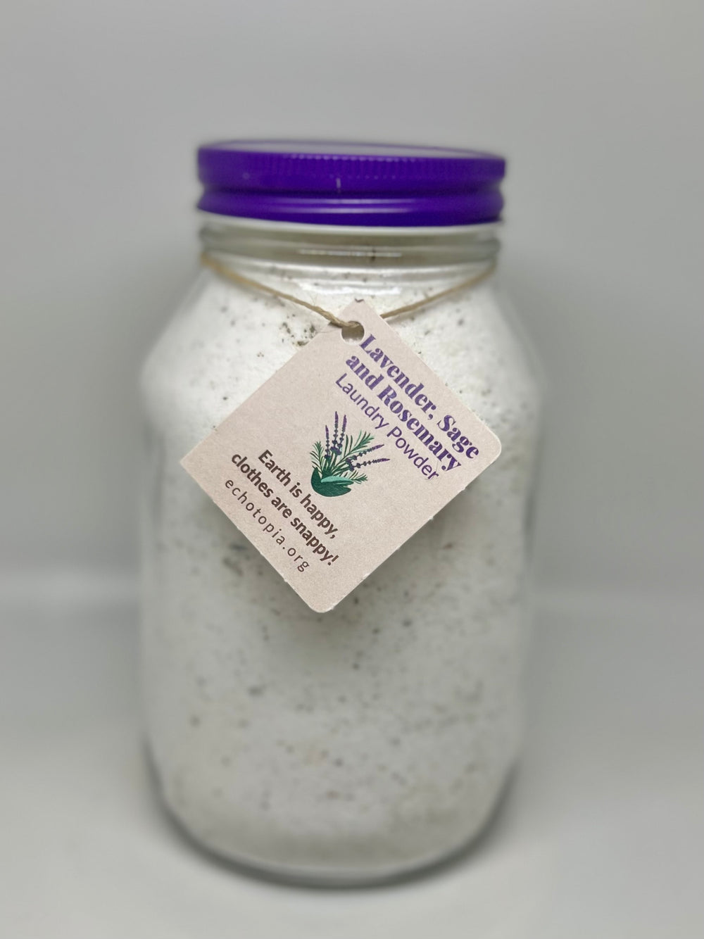 Lavender, Sage and Rosemary Laundry Powder. Made by Echotopia in Baltimore. Free of dangerous chemicals, optical brighteners, phosphates or fragrances.