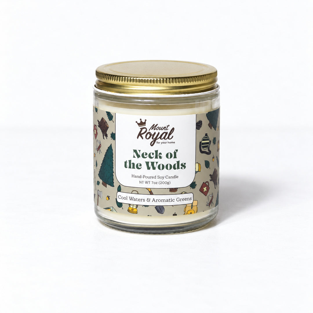 Neck of the Woods Candle on a bright white background