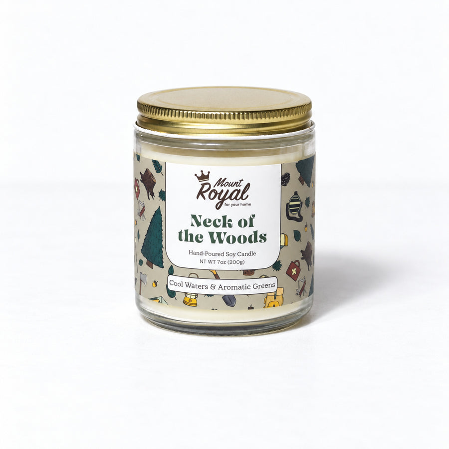 Neck of the Woods Candle on a bright white background