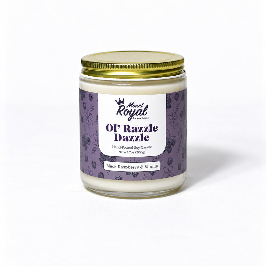 Ol' Razzle Dazzle Candle on a bright white background