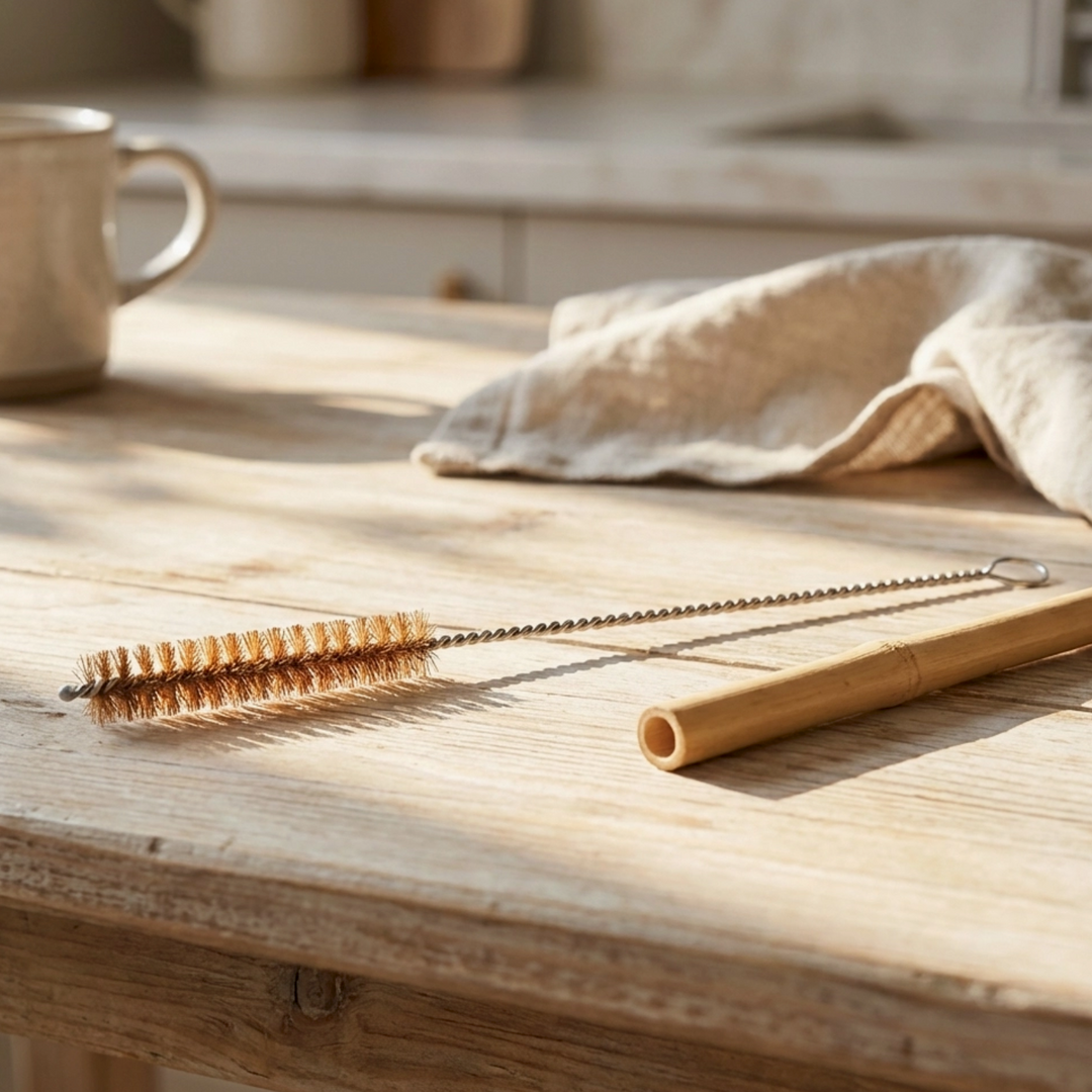 A bamboo straw cleaning brush and a bamboo straw rest on a rustic wooden table next to a beige cloth, with a softly blurred kitchen background.