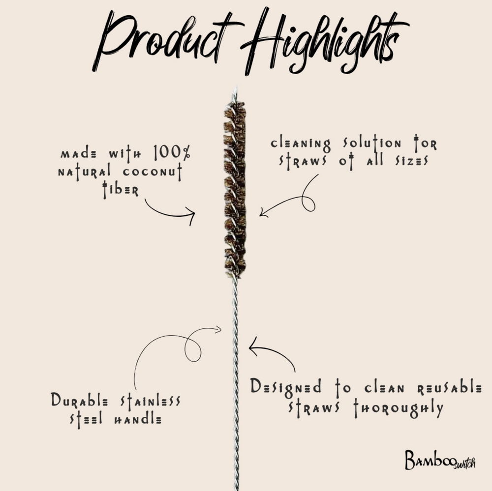 Product highlights graphic for a bamboo cleaning straw, featuring a central image of the reusable bamboo straw with handwritten text detailing its natural coconut fiber handle, stainless steel wire, and cleaning utility on a beige background.