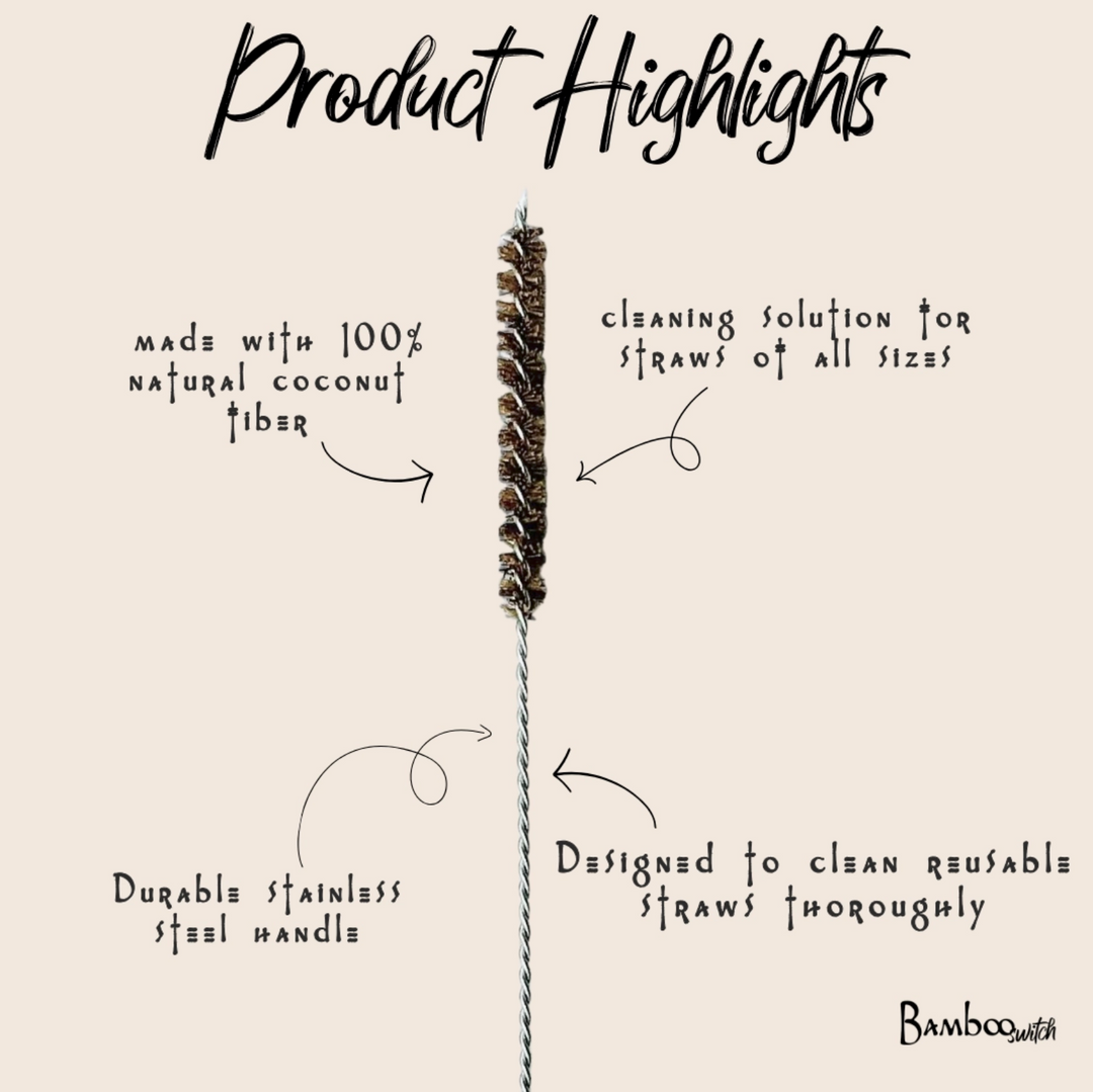Product highlights graphic for a bamboo cleaning straw, featuring a central image of the reusable bamboo straw with handwritten text detailing its natural coconut fiber handle, stainless steel wire, and cleaning utility on a beige background.