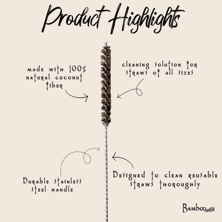 Product highlights graphic for a bamboo cleaning straw, featuring a central image of the reusable bamboo straw with handwritten text detailing its natural coconut fiber handle, stainless steel wire, and cleaning utility on a beige background.