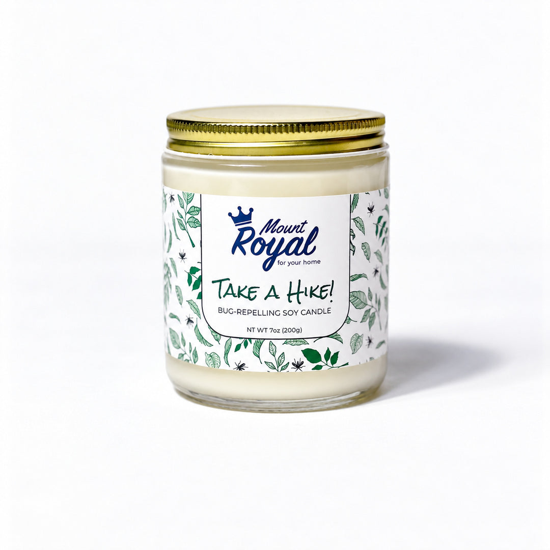 Take a Hike Candle on a bright white background