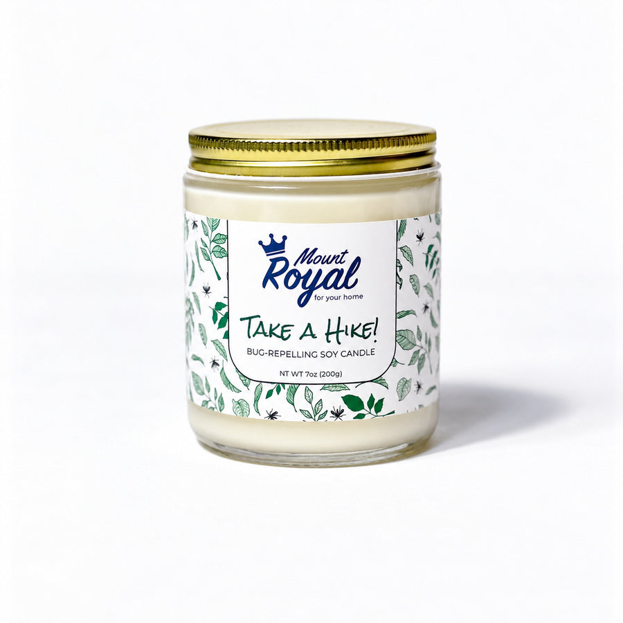 Take a Hike Candle on a bright white background