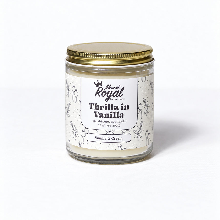 Thrilla in Vanilla Candle on a bright white background