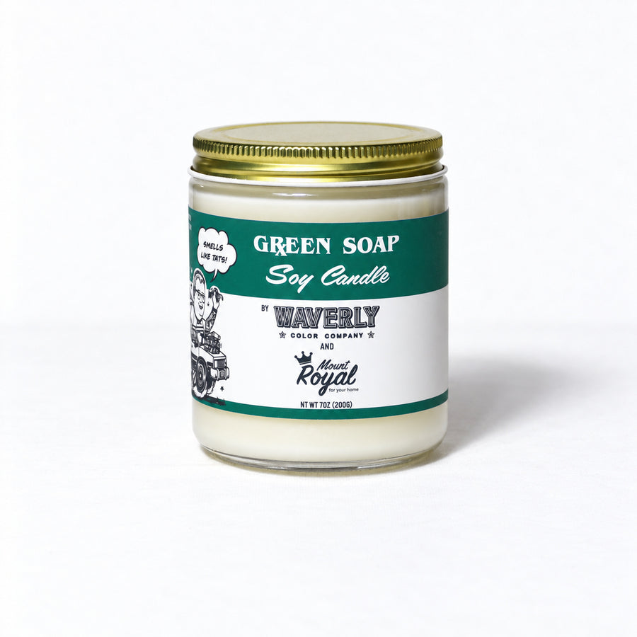 "Green Soap" Candle on a bright white background